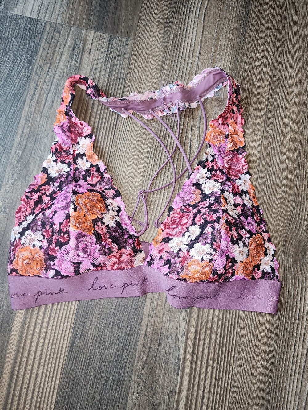Victoria's Secret Pink Bralette Floral Lace Love Your Lace Purple Strappy Large